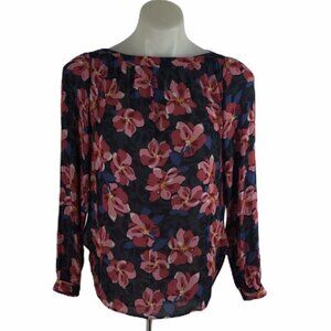 LOFT Top Floral Gray Pink Career LongSleeve Blouse